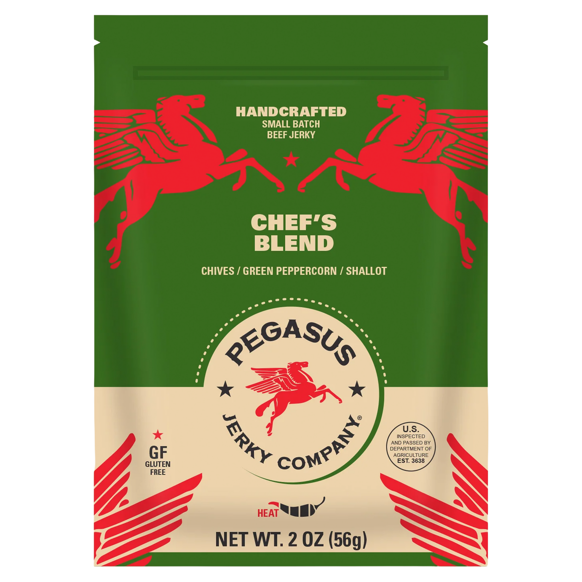 A 2 oz bag of Pegasus Jerky Company Chef's Blend beef jerky. The packaging features a dark green top half with red winged horses, a beige bottom half, and red graphic accents.