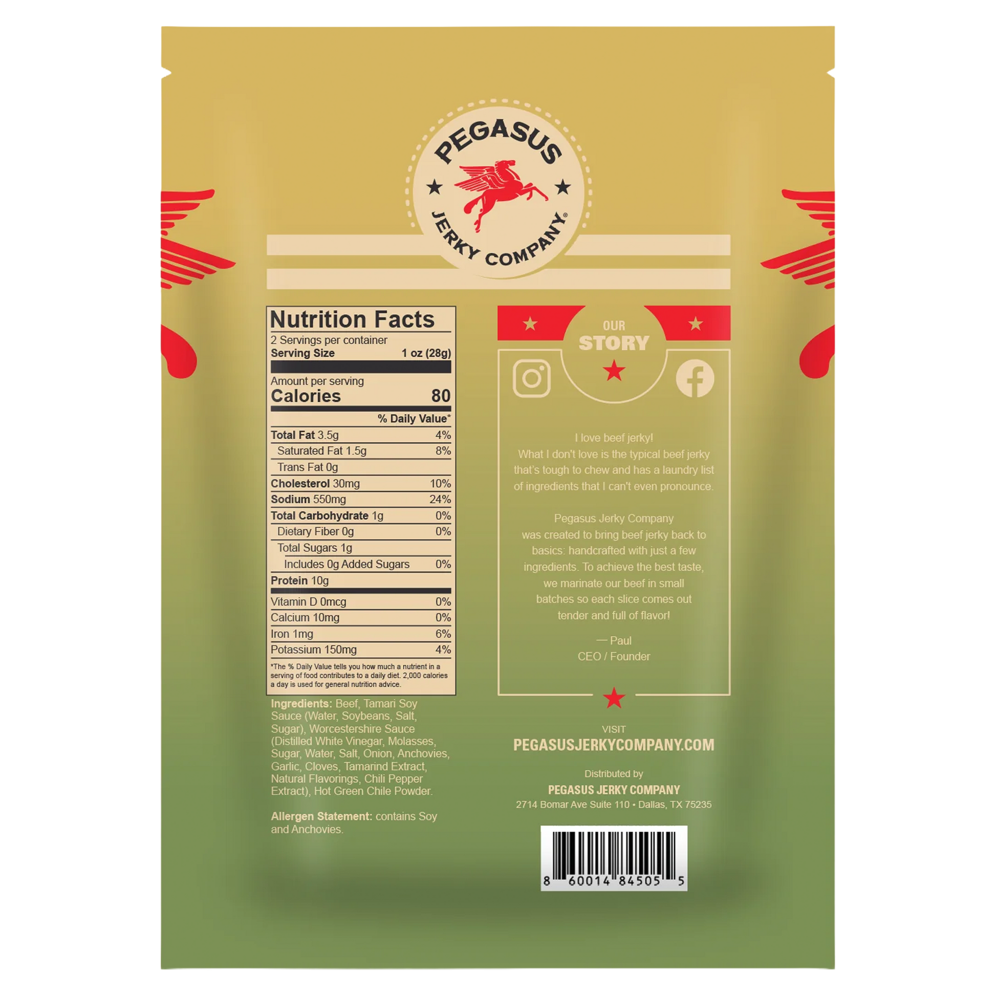 Back of a Pegasus Jerky Company
Cowboy Hatch beef  jerky bag with a tan-to-green gradient design, nutrition facts panel, ingredients, social media icons, and a barcode.