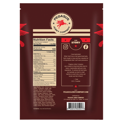 Back of a Pegasus Jerky Company Southern Reserve beef jerky package in dark red, showing nutrition facts, ingredients, social media links, and a barcode.