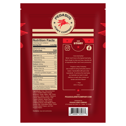 Back of a Pegasus Jelly Company Sweet & Savory beef jerky pouch in dark red, showing the nutrition facts panel, ingredients, and a 'Our Story' section with social media icons and a barcode.