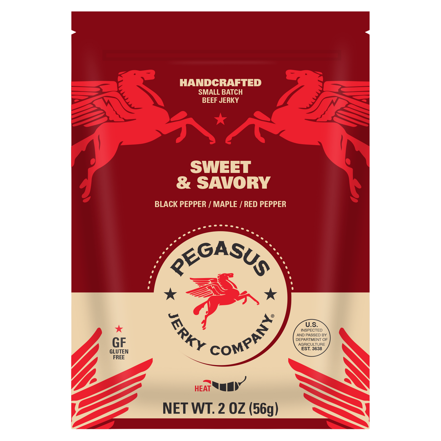 A 2 oz bag of Pegasus Jerky Company Sweet & Savory beef jerky, featuring a deep red and beige design with red winged horse illustrations and the Pegasus logo.