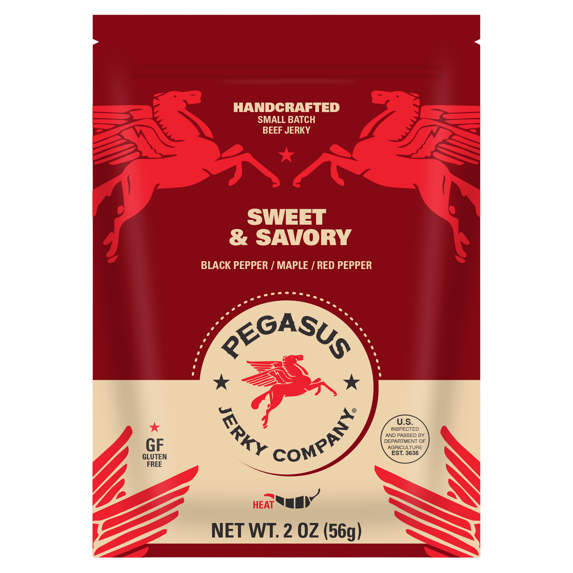 A 2 oz bag of Pegasus Jerky Company Sweet & Savory beef jerky, featuring a deep red and beige design with red winged horse illustrations and the Pegasus logo.