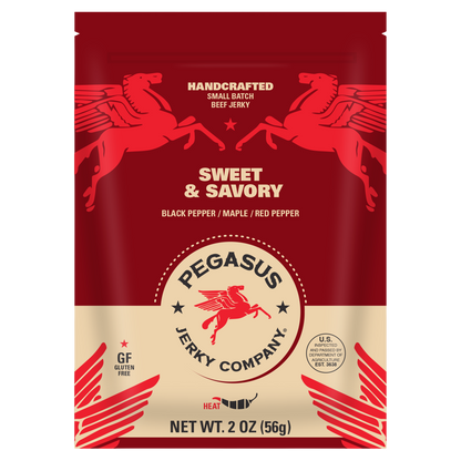 A 2 oz bag of Pegasus Jerky Company Sweet & Savory beef jerky, featuring a deep red and beige design with red winged horse illustrations and the Pegasus logo.