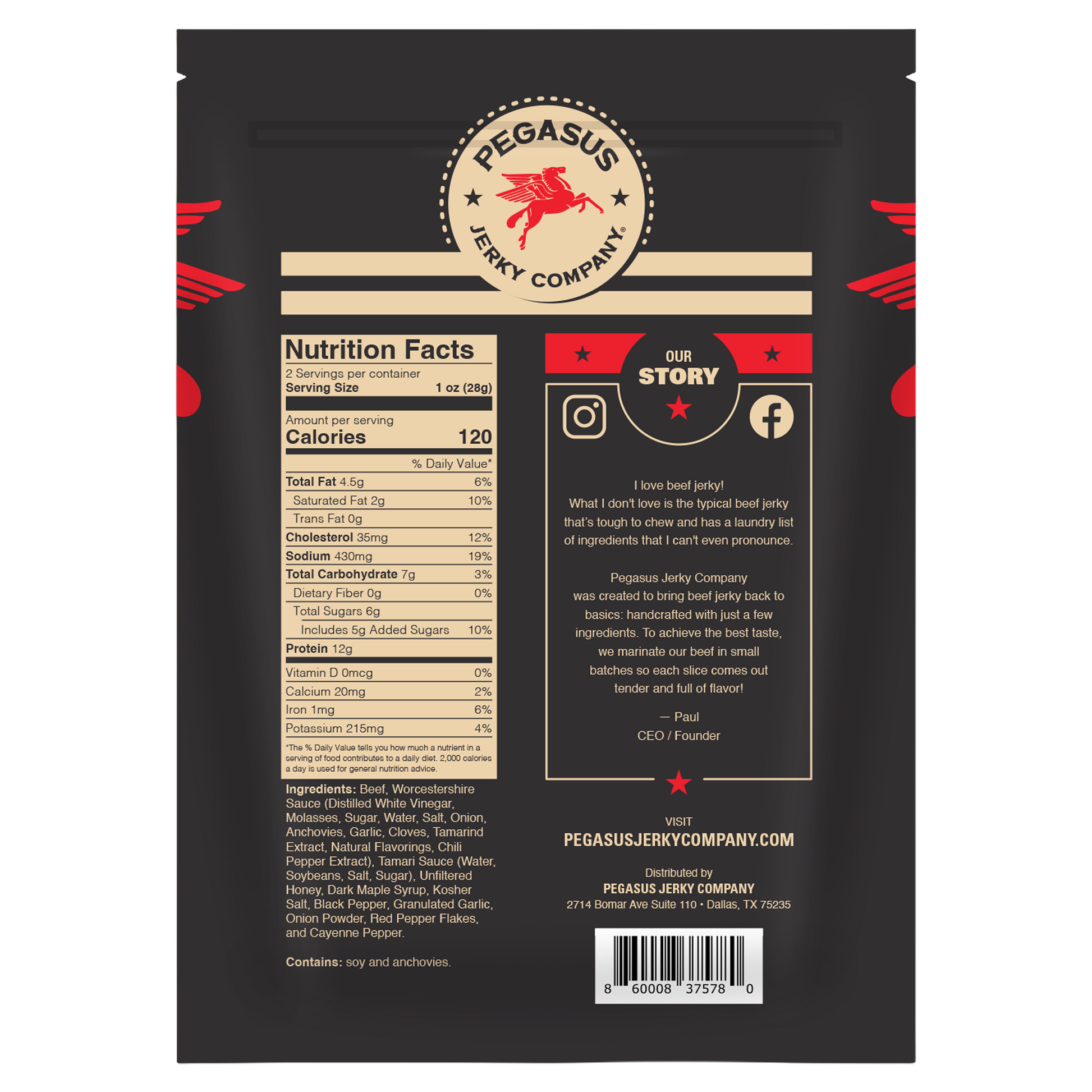 Back of a Pegasus Jerky Company Texas Pepper beef jerky package in a matte black bag, showing the nutrition facts panel, ingredients list, social media icons, and a branded 'Our Story' text section with a barcode at the bottom.