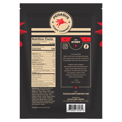 Back of a Pegasus Jerky Company Texas Pepper beef jerky package in a matte black bag, showing the nutrition facts panel, ingredients list, social media icons, and a branded 'Our Story' text section with a barcode at the bottom.