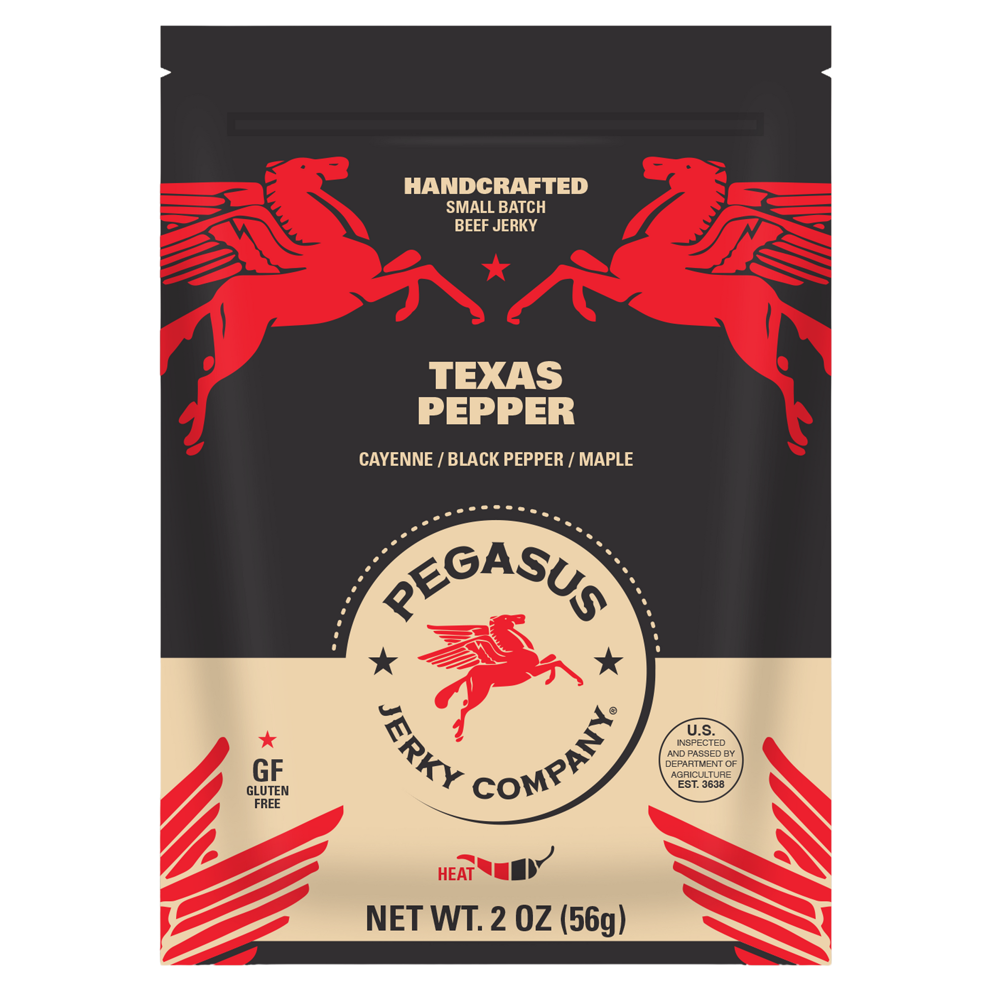 A 2 oz bag of Pegasus Jerky Company Texas Pepper beef jerky, featuring a black and beige design with red winged horses and the product name 'Texas Pepper'.