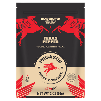 A 2 oz bag of Pegasus Jerky Company Texas Pepper beef jerky, featuring a black and beige design with red winged horses and the product name 'Texas Pepper'.
