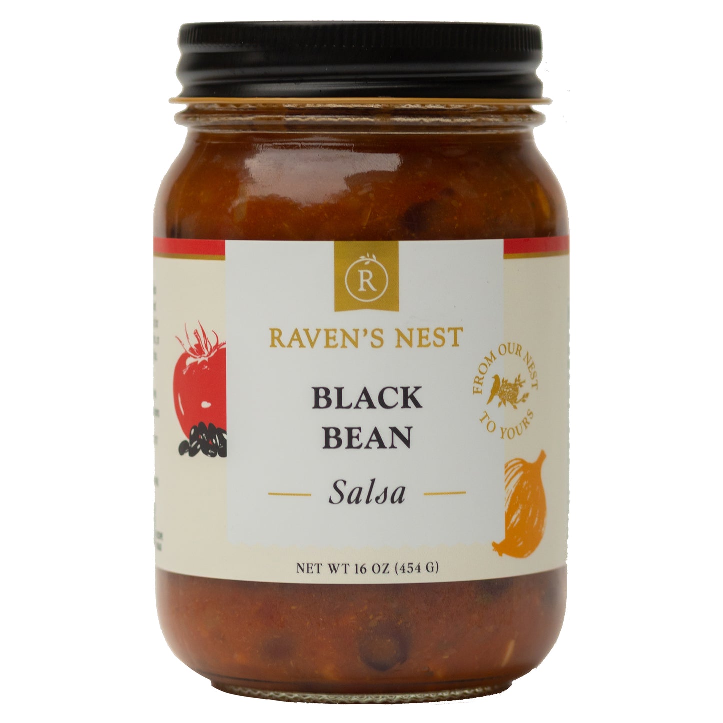 Raven's Nest Black Bean Salsa in a 16oz Glass Jar with a Screw Top