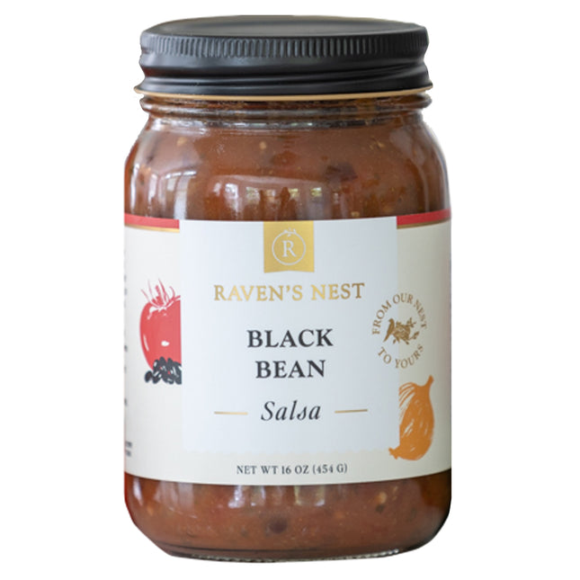 A jar of Raven's Nest Black Bean Salsa and a white label featuring the brand logo