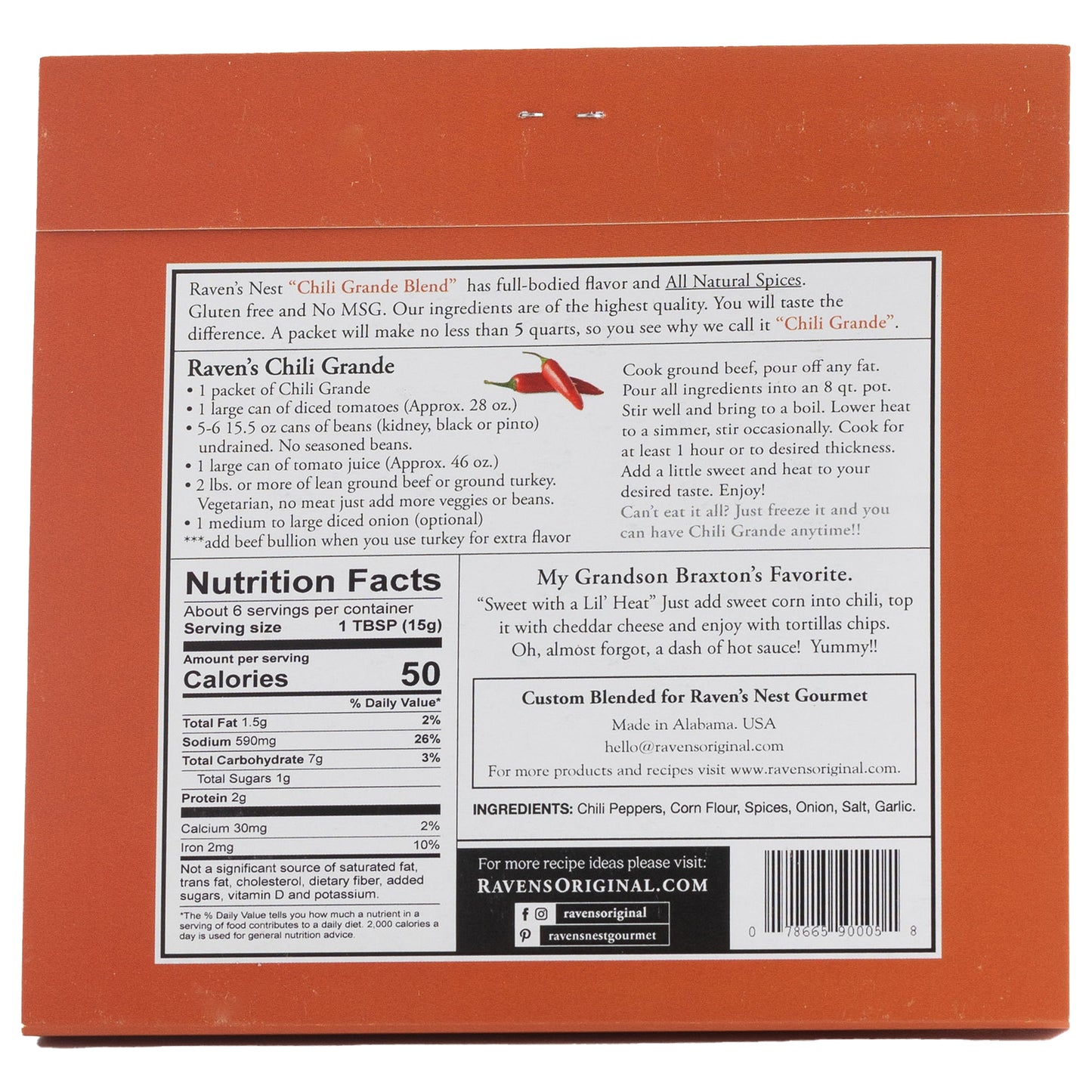 Raven's Nest Chili Grande Spice Blend Packaging  (back) including nutritional information and a Chili recipe