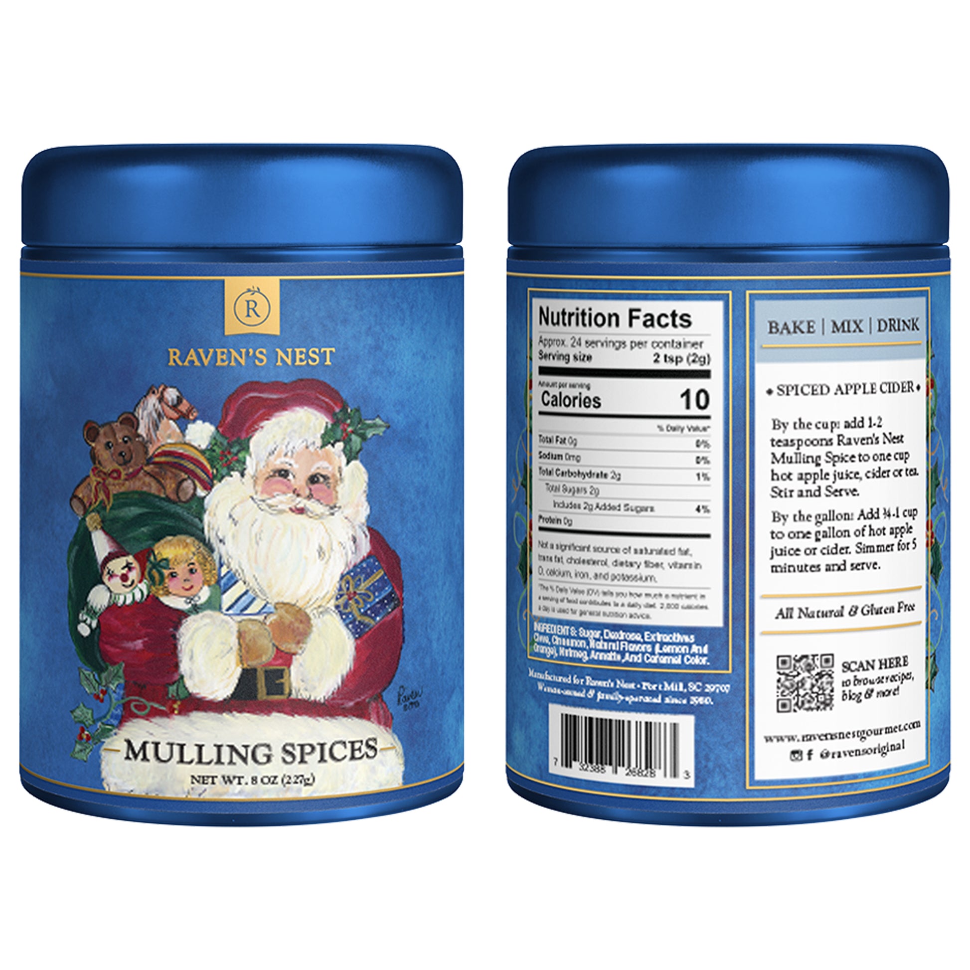 Holiday Gift Tin front and back images of Raven's Nest Mulling Spices featuring Santa carrying toys and nutritional information