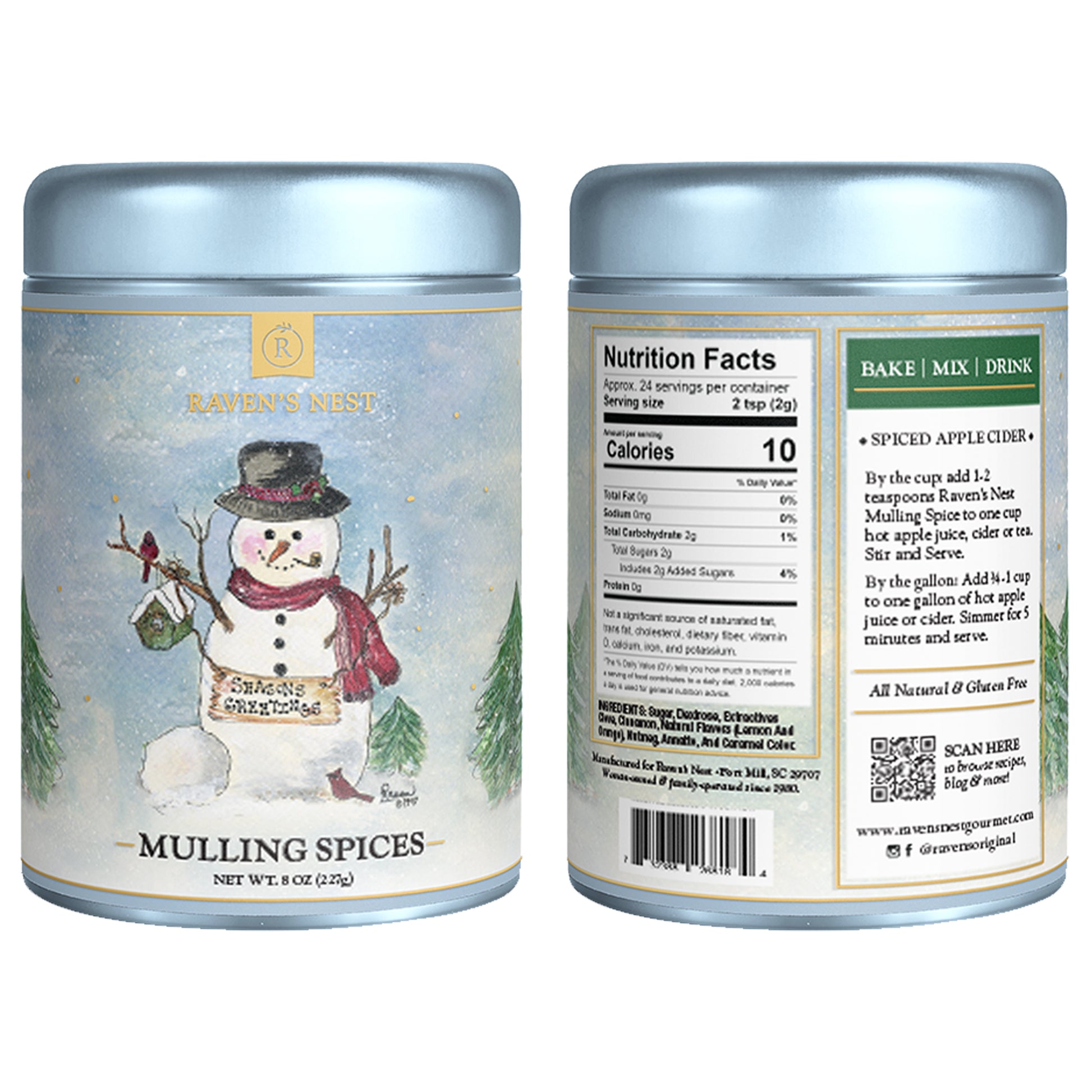 Holiday Gift Tin of Raven's Nest Mulling Spices featuring a Snowman that says Seasons Greetings and the back of the tin that included nutritional information 