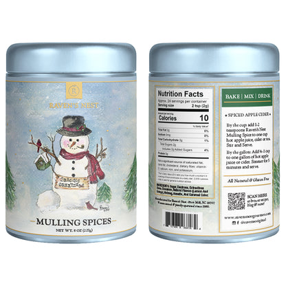 Holiday Gift Tin of Raven's Nest Mulling Spices featuring a Snowman that says Seasons Greetings and the back of the tin that included nutritional information 