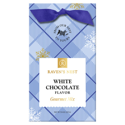 A package of "Raven's Nest White Chocolate Flavor Gourmet Mix" which features the brand logo in the center. T