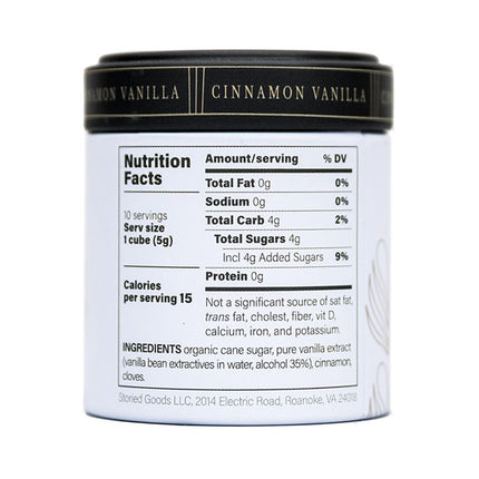 Storied Goods Cinnamon Vanilla Sugar Cubes back of tin with nutrition information