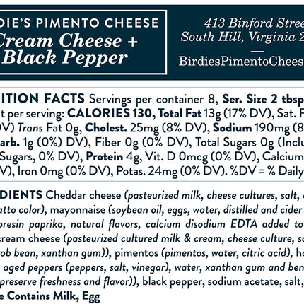 Birdie's Cream Cheese & Black Pepper Pimento Cheese Nutrition