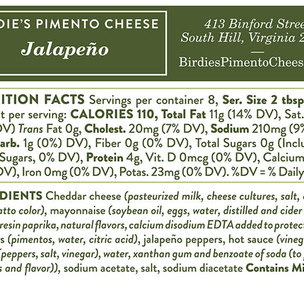 Birdie's Jalapeno Pimento Cheese Nutrition